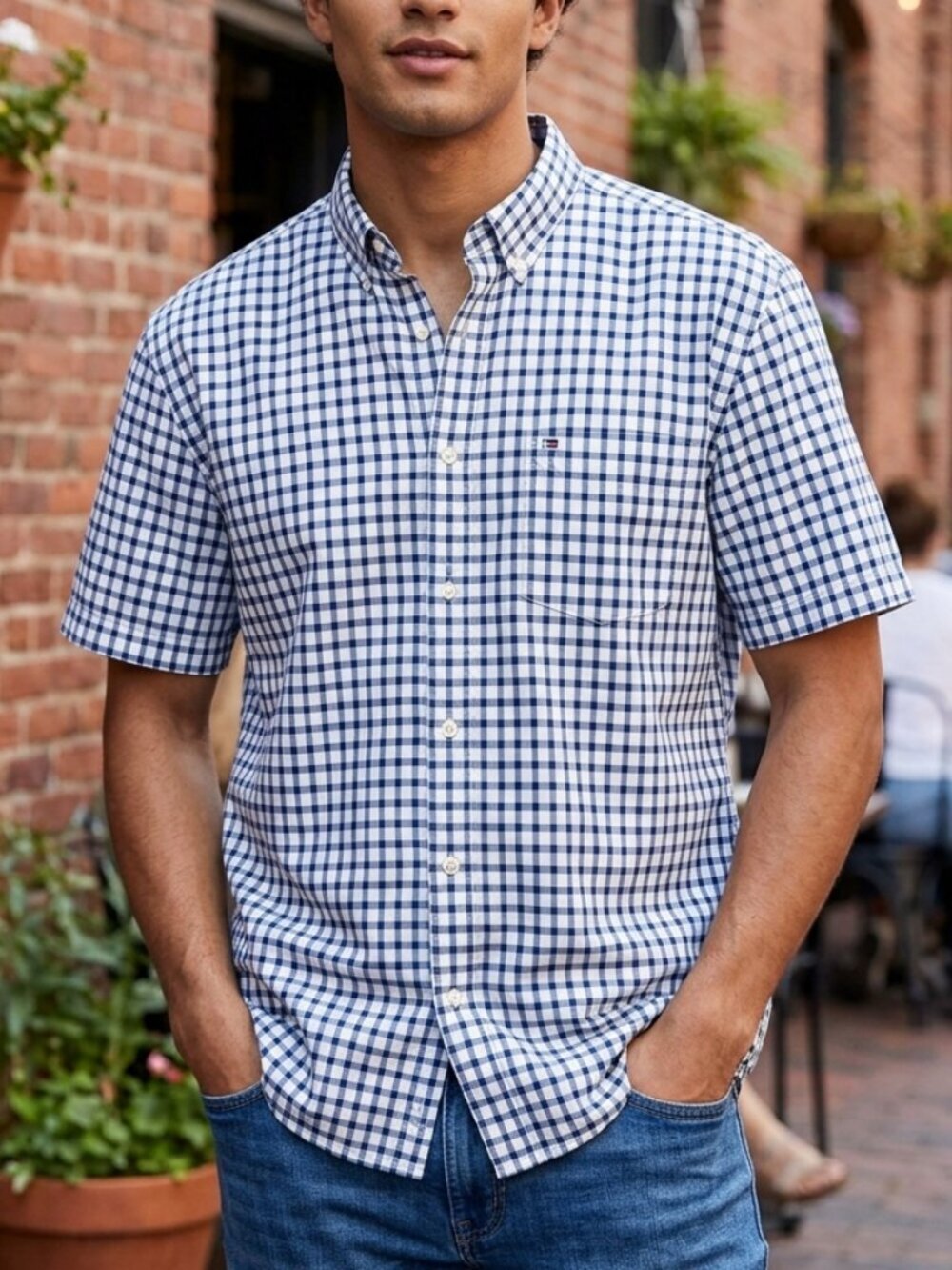 Tommy Hilfiger White and Blue Plaid Button Down Shirt